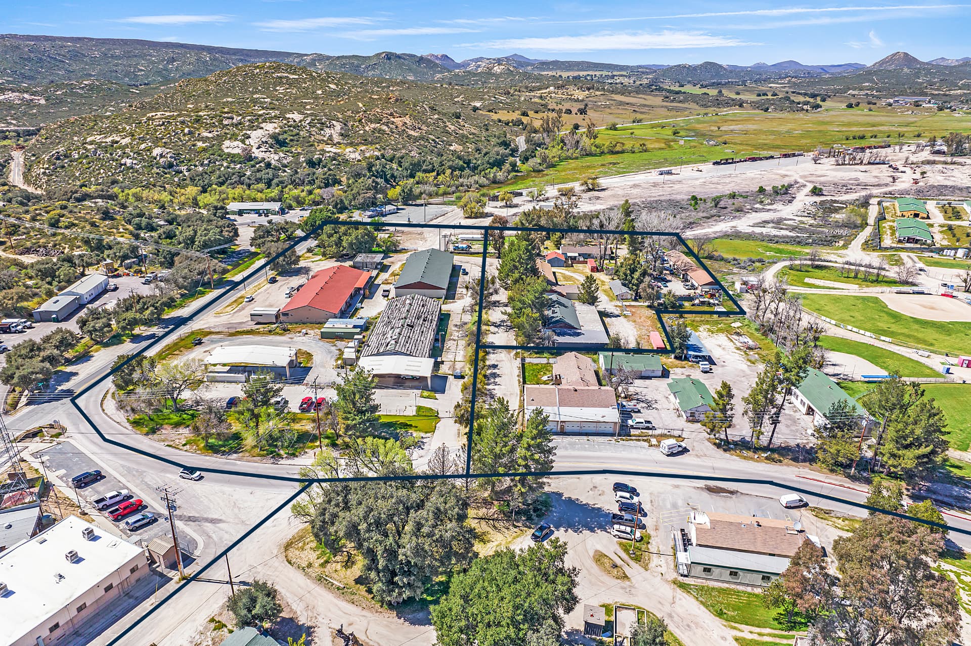 Aerial view of the outlined commercial core of the Village of Campo