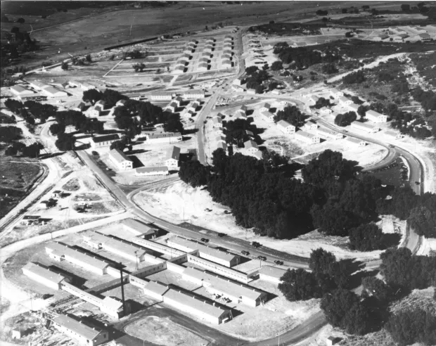 Aerial view of Campo during the 1941 Army cavalry camp era, with barracks and roads laid across the desert