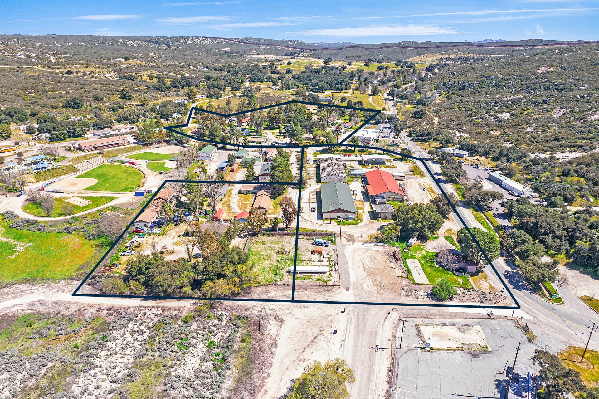Aerial view of the Village of Campo parcels outlined against the surrounding valley