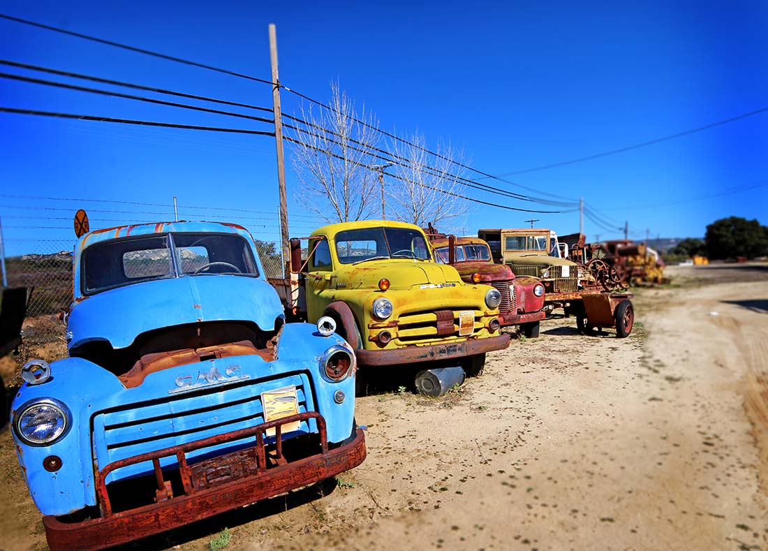 Row of vintage trucks at the Motor Transport Museum in Campo